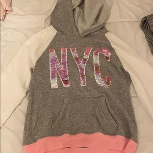 gray and pink hoodie